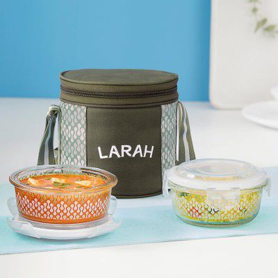 Larah Glassware Gracia Borosilicate Glass Lunchbox with Bag | 2pc Round Container (400 ml Each), Vertical