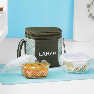Gracia Borosilicate Glass Lunchbox with Bag | Set of 2pc Container (320 ml Each) | Microwave & Dishwasher Safe