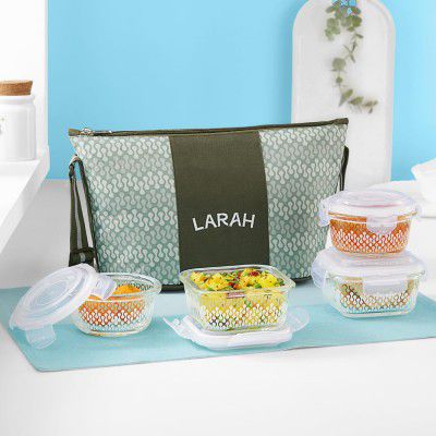 Gracia Daisy Borosilicate Glass Lunchbox with Bag | Set of 4 (320ml x 2 Square + 240ml x 2 Round)