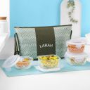 Gracia Daisy Borosilicate Glass Lunchbox with Bag | Set of 4 (320ml x 2 Square + 240ml x 2 Round)...