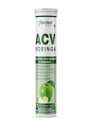 Grandeur Plant Based ACV Moringa, 15 Apple Cider Vinegar Tablets For Weight Management 750mg