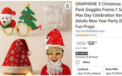 GRAPHENE 3 Christmas Accessories Combo Gift Pack Goggles Frame,1 Santa Cap & Beard Set X Mas Day Celebration Items for Kids Boys Girls Adults New Year Party Decoration Items Party Fun Props