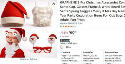 GRAPHENE 3 Pcs Christmas Accessories Combo Santa Cap, Glasses Frame & White Beard Set Santa Spring Goggles Merry X Mas Day New Year Party Celebration Items For Kids Boys Girls Adults Fun Props