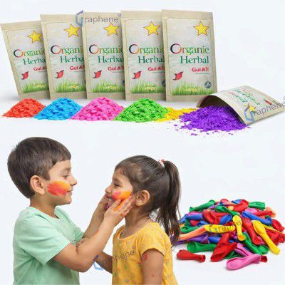 GRAPHENE Holi Combo Herbal Fruit Gulal Pack of 6 with 100 Water Balloons