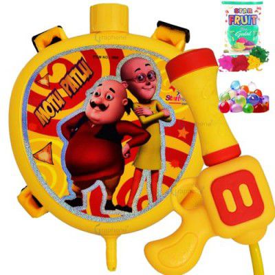 GRAPHENE Motu Patlu Holi Tank Pichkari Water Gun 600ml High Pressure Long Throw Leak Proof Water Spray Pistol with 1 Pkt Fruit Gulal 100 Water Balloons Backpack Holding for Kid (ISI Approved)
