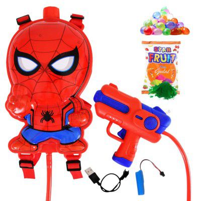 Graphene Spiderman Holi Pichkari Water Gun for Kids 1.2L Backpack Automatic Electric Watergun 1 Pkt Gulal 100 Water Balloons Water Spray Pistol Gun Electric Pichkari