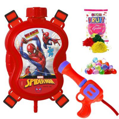 GRAPHENE Spiderman Holi Pichkari Water Gun with 1 Pkt Herbal Gulal &100 Balloon 500ml Back Holding Water Tank Pichkari High Pressure Water Spray Pistol Gun for Kids ISI Approved