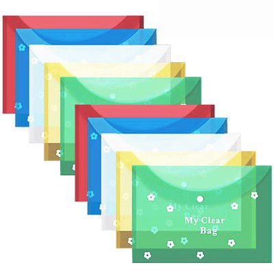 GreatDio®Flower A4 Document File Bag, Transparent Envelope Holder Storage Case, Snap Button Organizer, Clear Plastic Container for Papers, Stationery - 10 Pack