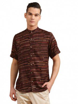 Greciilooks Mens Cotton Rayon Foil Printed Collar Cap Sleeve Hawaii Holiday Shirts