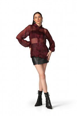 GRECIILOOKS Regular Fit Western Sheer Mesh Transparent Button Down Top Long Cuff Sleeve Spread Collar Girls Shirt for Women