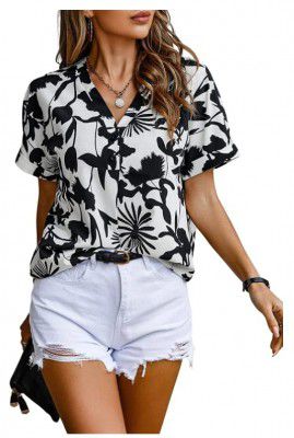 GRECIILOOKS Western Top for Women Floral Printed & Split V Neck Short Stand Collar Tee Top for Girls Suitable for Workout Office 