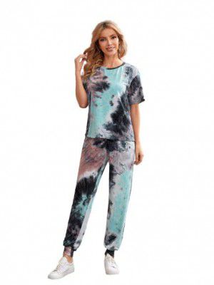 GRECIILOOKS Womens Tie-Dye Pajamas Night Dress Set | Half Sleeve Round Neck Womens Lounge Wear