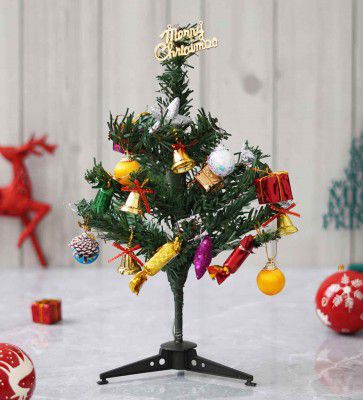 Green Plastic 1 Feet Artificial Xmas Tree With 40 Ornaments,
