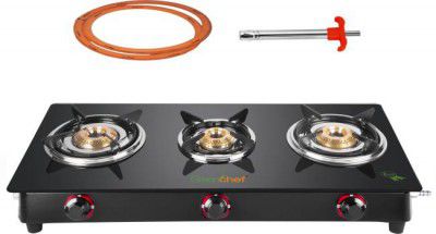 Greenchef Ebony Pro 3BR ( Hose Pipe + Lighter ) Glass Manual Gas Stove  (3 Burners)
