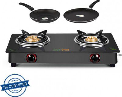 Greenchef Ebony Special Combo- Top + 250MM Tawa + 240MM Fry Pan Glass Manual Gas Stove (2 Burners)