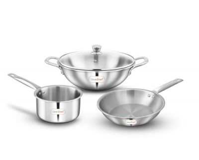 Greenchef Stainless Steel Tri ply Stainless Steel Crest Combo (Kadhai 22CM with Glass lid, FryPan 22CM, Saucepan 14CM)