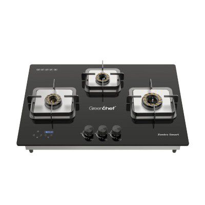Greenchef Zentro Smart Three burner Glass Hob Top| Digital timer| Featured with Flame failure| Black Color| High efficiency tornado Burners| Dual Purpose Hob(Built In Or Counter top)