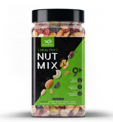 GreenFinity Absolute Health, Premium Fruit, Nut & Fiber SuperMix, Healthy Mixed Nuts with Dry Fruits | Almonds | Cashews | Cranberry | Pumpkin Seeds | Walnuts, Reusable Jar, 500g | PACK OF 1