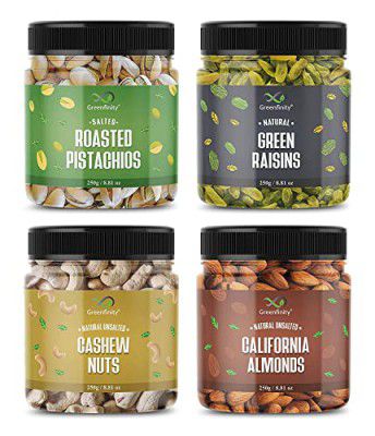 GreenFinity Dry Fruits Combo Pack of Almonds, Cashews, Raisin, Roasted Pistachio (Jar Pack) (250g * 4) 1Kg