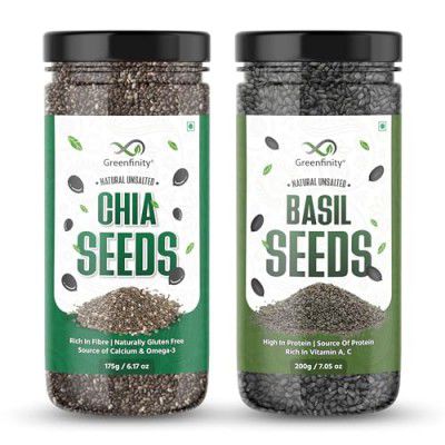 GreenFinity Healthy Seeds Combo- Chia Seeds (175g) Basil Seeds (200g) | Rich in Omega-3, Dietary Fibre, Antioxidant | Raw Seeds for Weight Loss, Immunity Booster, Digestion, Salads, Snacks (Pack of 2)