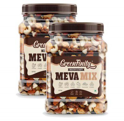 GreenFinity Meva Mix - Premium Nut & Dried Fruit Blend 1kg, Almonds, Cashews, Green Raisins, Black Raisins, Black Dates, Apricots (500g (Pack of 2))