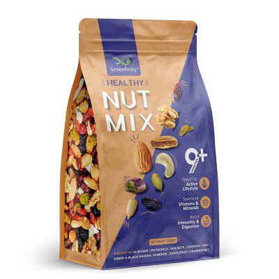 GreenFinity Premium International Healthy Nutmix 200g, Dried Almonds, Black Raisins, Cashewnuts, Cranberries, Green Raisins, Pumpkin Seeds & Walnut Kernels.