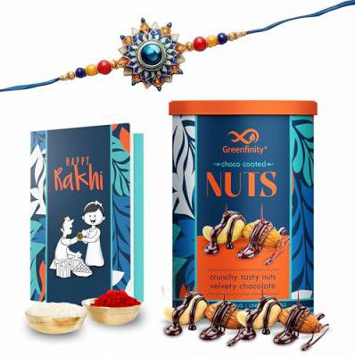GreenFinity Raksha Bandhan Gift Hamper | Rakhi with Chocolate Coated Dry Fruits 100g, Greeting Card & Roli Chawal | Rakhi Gift for Brother | Rakhi Combo Gift Pack