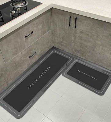Grey Abstract Rubber Antiskid Machine Made Floor Runner and Door Mat Combo