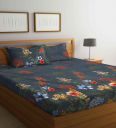 Grey Floral 210 TC Poly Cotton Queen Sized Bed Sheets with 2 Pillow Covers...