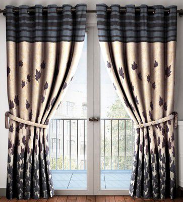 Home Sizzler Grey Floral Polyester 7 Ft Semisheer Eyelet Door Curtains (Set of 2)
