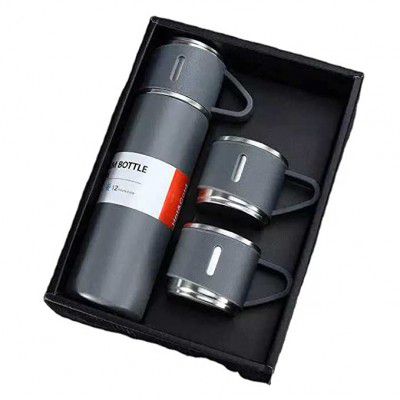 Greyfox Latest Steel Vacuum Flask Set with 3 Steel Cups Combo - 500ml - Hermrfic - Odorless - Keeps HOT/Cold | Ideal Gift for Winter - Housewarming Random Color