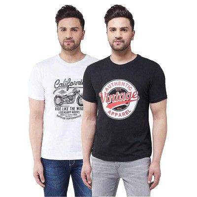 GRITSTONES Mens Regular Fit Cotton Blend Printed Round Neck Half Sleeves Casual T-Shirt Combo Pack of 2