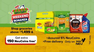 Grocery Weekend Bonanza | Shop groceries above ₹1499 & Get extra 150 NeuCoins via Tata Neu