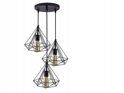 Groeien 3 Lights Cluster Chandelier Diamond Hanging Pendant Light With Braided Cord, Black, Round