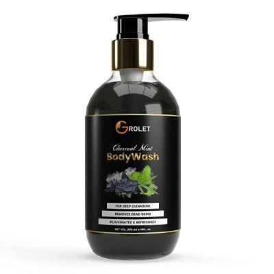 Grolet Deep Cleansing Charcoal Body Wash Gentle Skin Nourishes with Activated Refresh Mint Germ Protection Shower Gel For Men & Women - 300ml