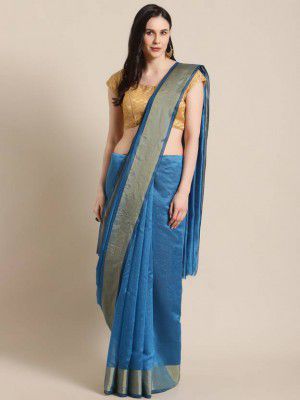 Grubstaker Solid/Plain Bollywood Chanderi Saree  (Blue)