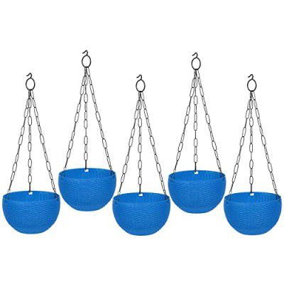 GTB Hanging PLANTERS Round Shape Garden Hanging Flower Port | Crystal Flower Pots Flower Pot | Hanging Planter | Metal Hanging Chain | Flower Pots for Home Garden Balcony Pack of 5 (Blue)