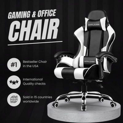 GTPLAYER #1USA Multi-Functional Ergonomic Gaming & Computer Chair – Premium PU Leather, Adjustable Neck & Lumbar Pillow for Back Support (White)