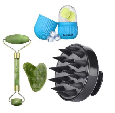 GUFFI Facial Massager Jade Roller & Gua Sha Tool Natural Himalayan Stone For Face Neck Healing Skin Wrinkles & Serum Application Hair Scalp & Ice Massager Combo Offer (Multy Coloured) By Easyshop