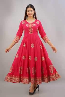 GULMOHAR JAIPUR Women Printed Rayon Anarkali Kurta (Pink)