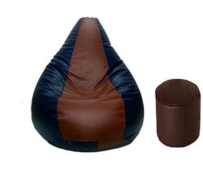 Gunj Teardrop & Footstool Combo Bean Bag Cover (Large, Navy & Brown)