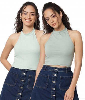 GUTI Pack of 2 Halter Neck Sleeveless Cotton Crop Top