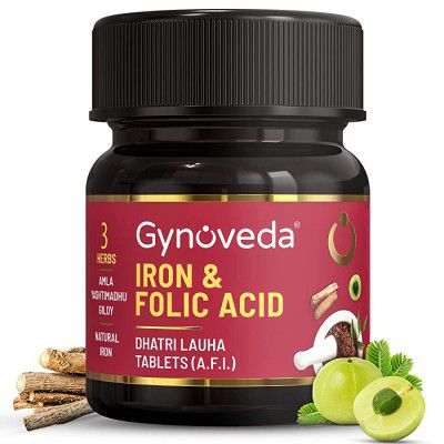 Gynoveda Women 14+ Iron Folic Acid Ayurvedic Blood Builder for Hemoglobin lost in Periods. Amla Yasthimadhu Giloy give Calcium Vitamin C B9 B12 help in Anemia Fertility Pregnancy.