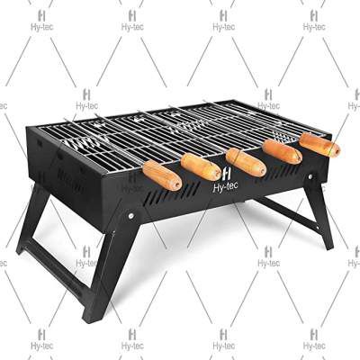 H Hy-tec (Device) HYBB-12 Foldable Barbeque with 5 Skewers, 1 Grill and 1 Packet of Charcoal (Matt Black)