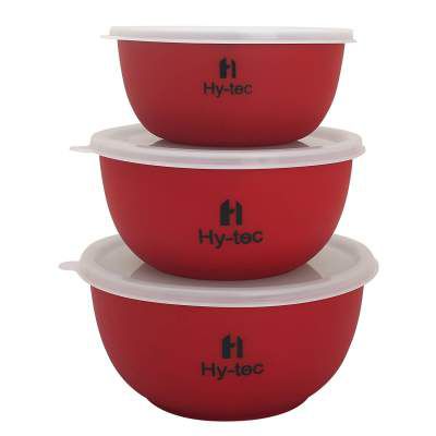 H Hy-tec (Device) Microwave Safe Stainless Steel Euro Lid Bowl (Red) - Set of 3