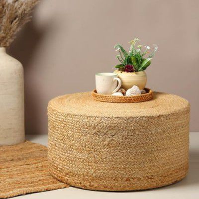 Habere India-All the Cultures Fabricating India Ottoman for Sitting - Beige, Round (L: Dia49xH25 CM)