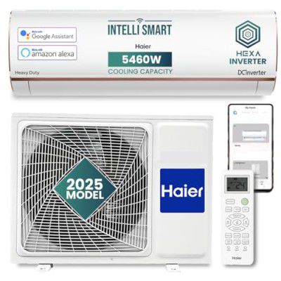 [Extra Rs 7500 Off] Haier 1.6 Ton 5 Star HEXA Inverter Smart Split AC (5460W, 20 Mtrs Air Throw- HSU19K-PYFR5BN-INV- White)