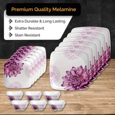 Hamlay Pack of 18 Melamin Pink Dahlia 18 pcs Dinner Set  (Pink, White, Multicolor)