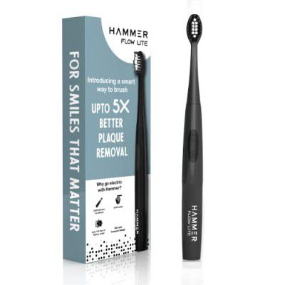 HAMMER Flow Lite Electric Toothbrush with 120 Days Battery Backup, Water resistant, Super-Soft Bristles, Compact Electric Brush for Adults (Black)