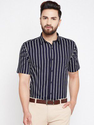 Hancock Men Navy Blue & White Regular Fit Striped Formal Shirt